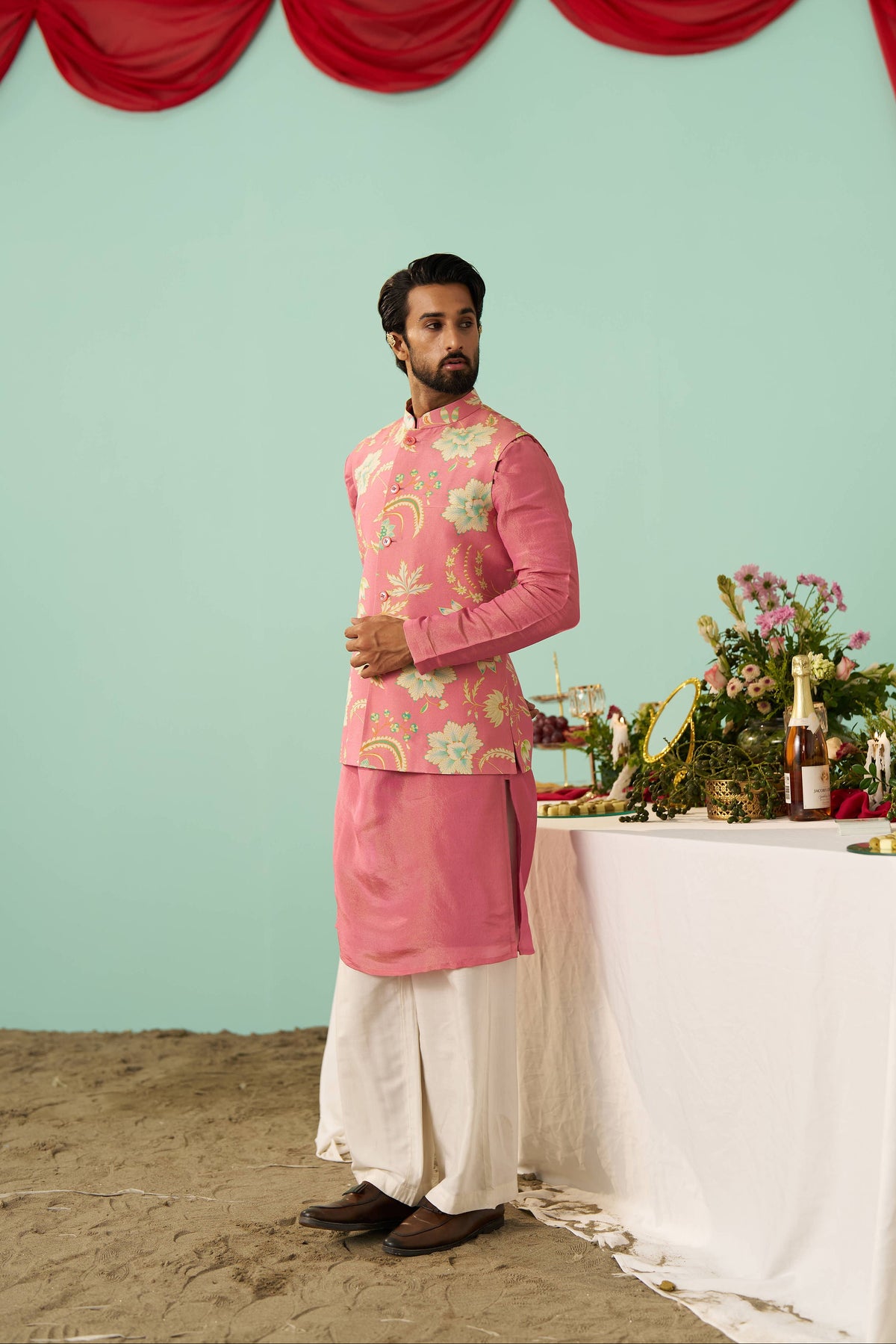 Pink Chintz Tissue Silk Printed Nehru Jacket Set