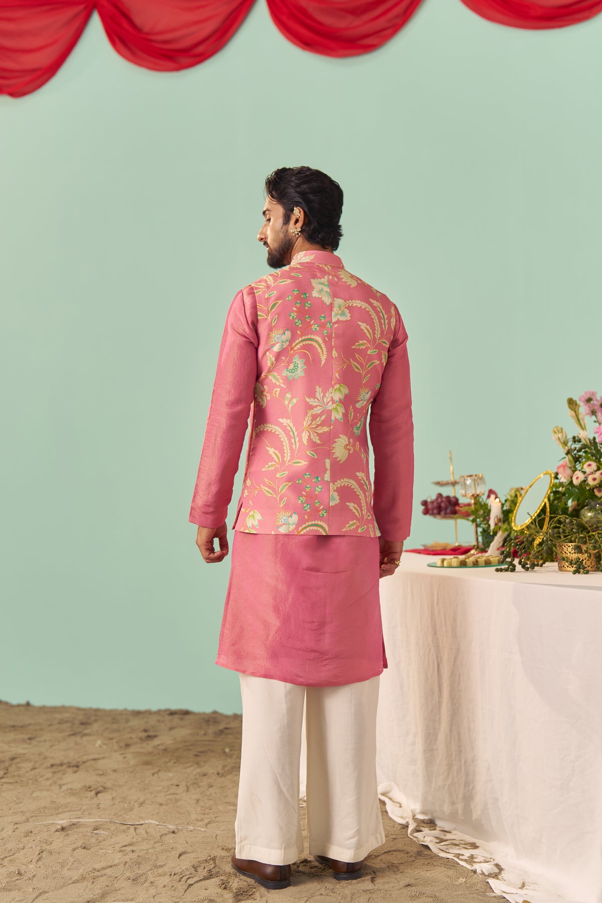 Pink Chintz Tissue Silk Printed Nehru Jacket Set