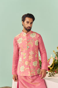 Pink Chintz Tissue Silk Printed Nehru Jacket Set