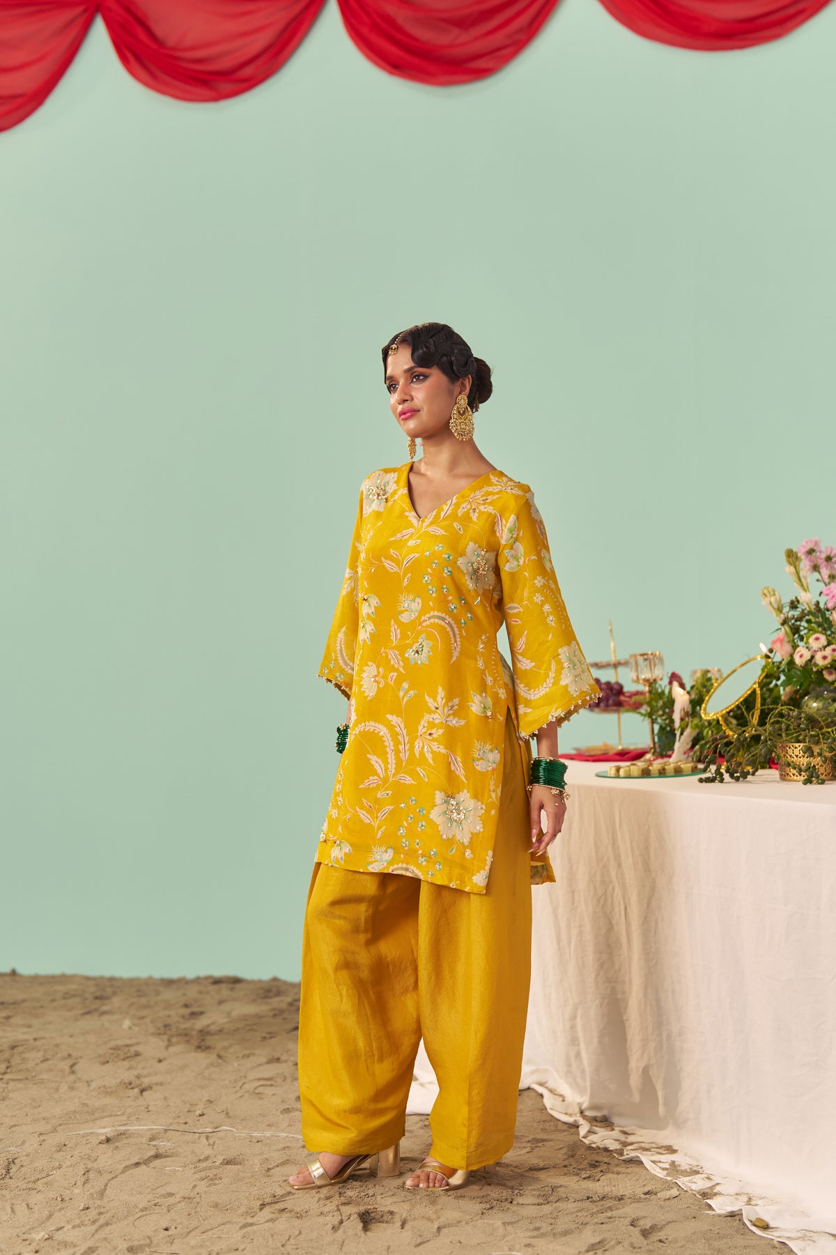Mustard Chintz Tissue Silk Short Kurta Set