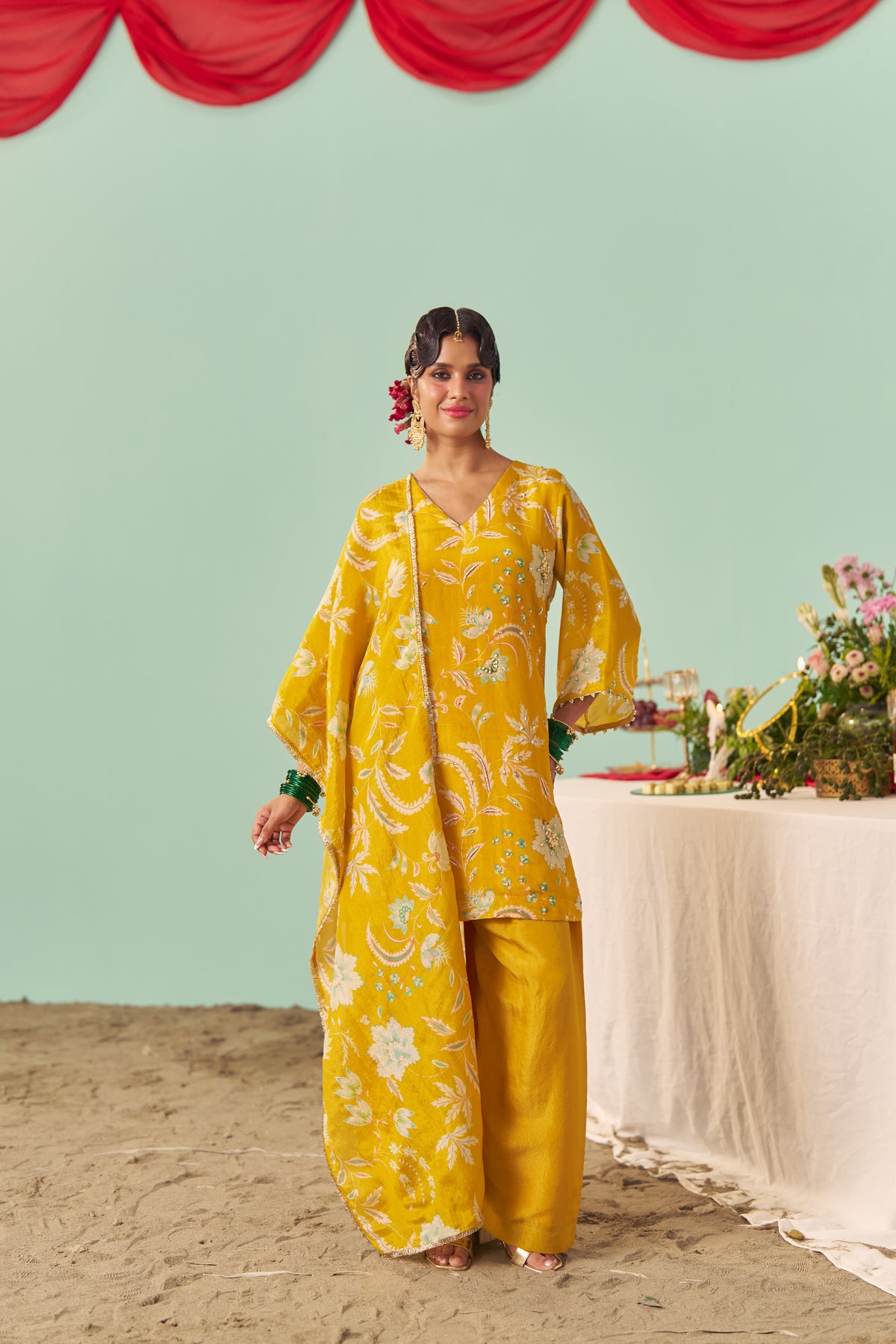 Mustard Chintz Tissue Silk Short Kurta Set