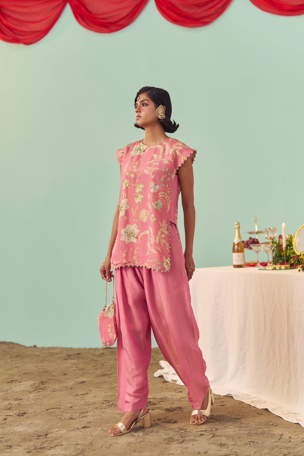 Pink Chintz Tissue Silk Co-Ord Set of 2