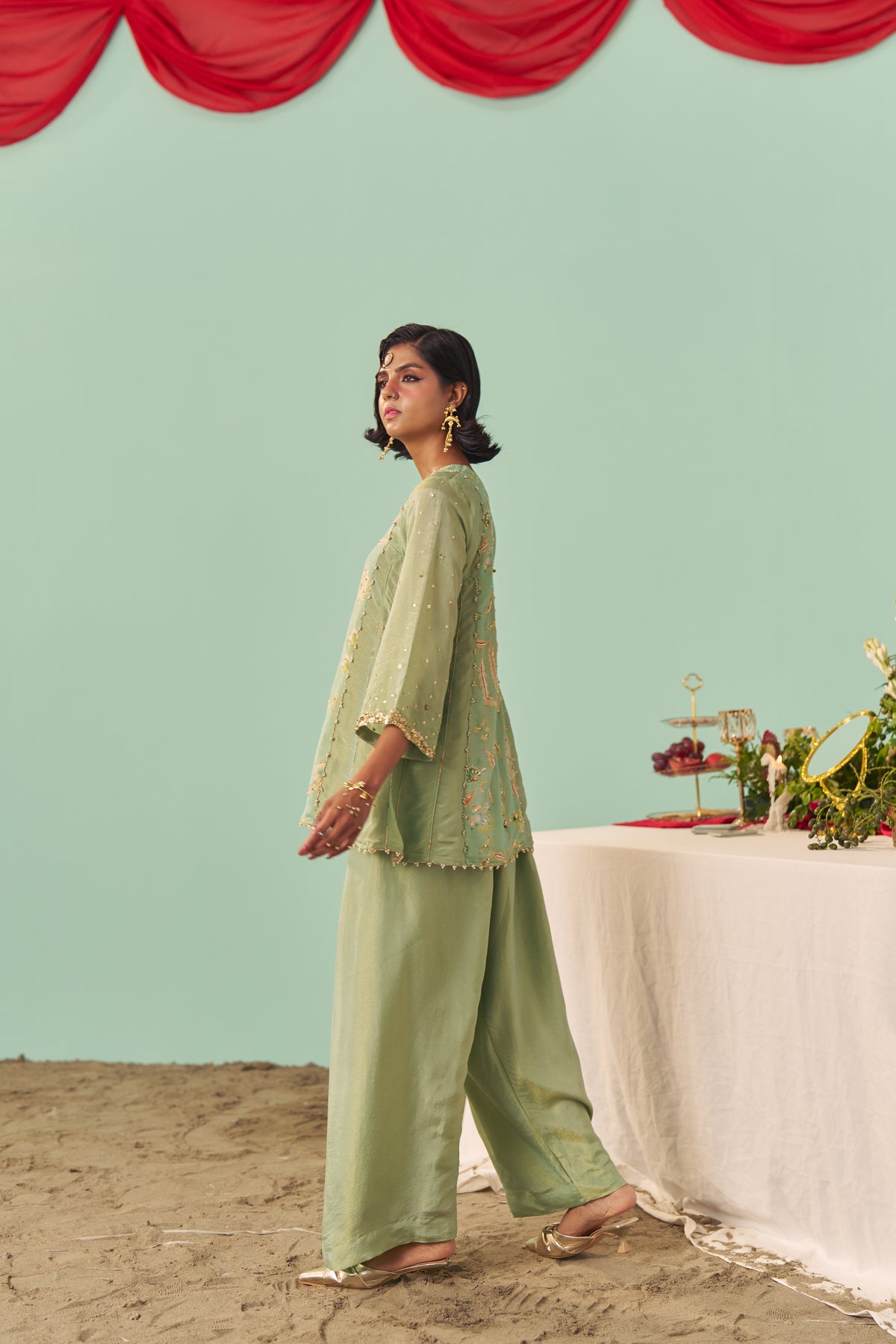Mint Chintz Panel Tissue Silk Short Kurta Set