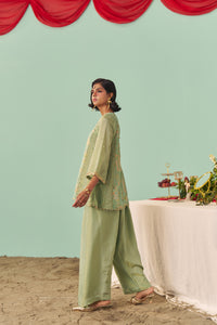 Mint Chintz Panel Tissue Silk Short Kurta Set