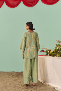 Mint Chintz Panel Tissue Silk Short Kurta Set