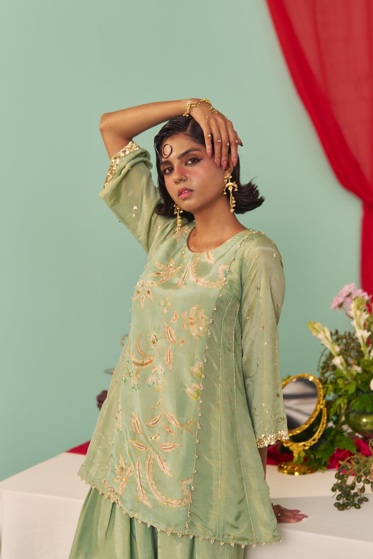 Mint Chintz Panel Tissue Silk Short Kurta Set