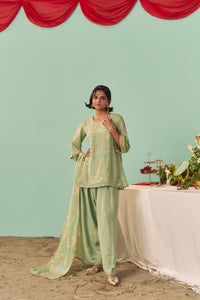 Mint Chintz Panel Tissue Silk Short Kurta Set