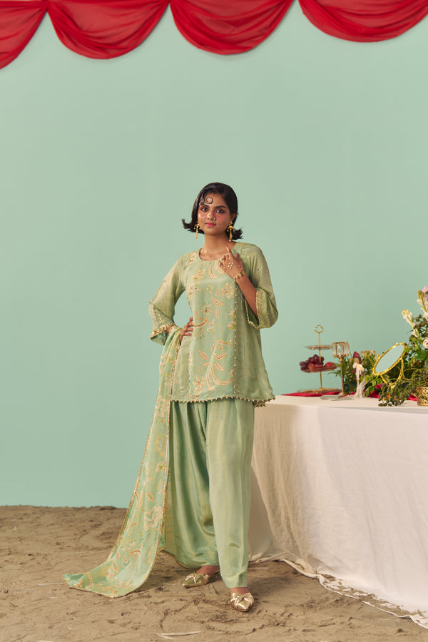 Mint Chintz Panel Tissue Silk Short Kurta Set