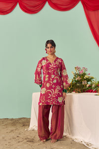 Burgundy Chintz Tissue Silk Short Kurta Set