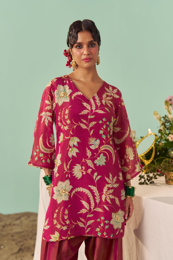 Burgundy Chintz Tissue Silk Short Kurta Set