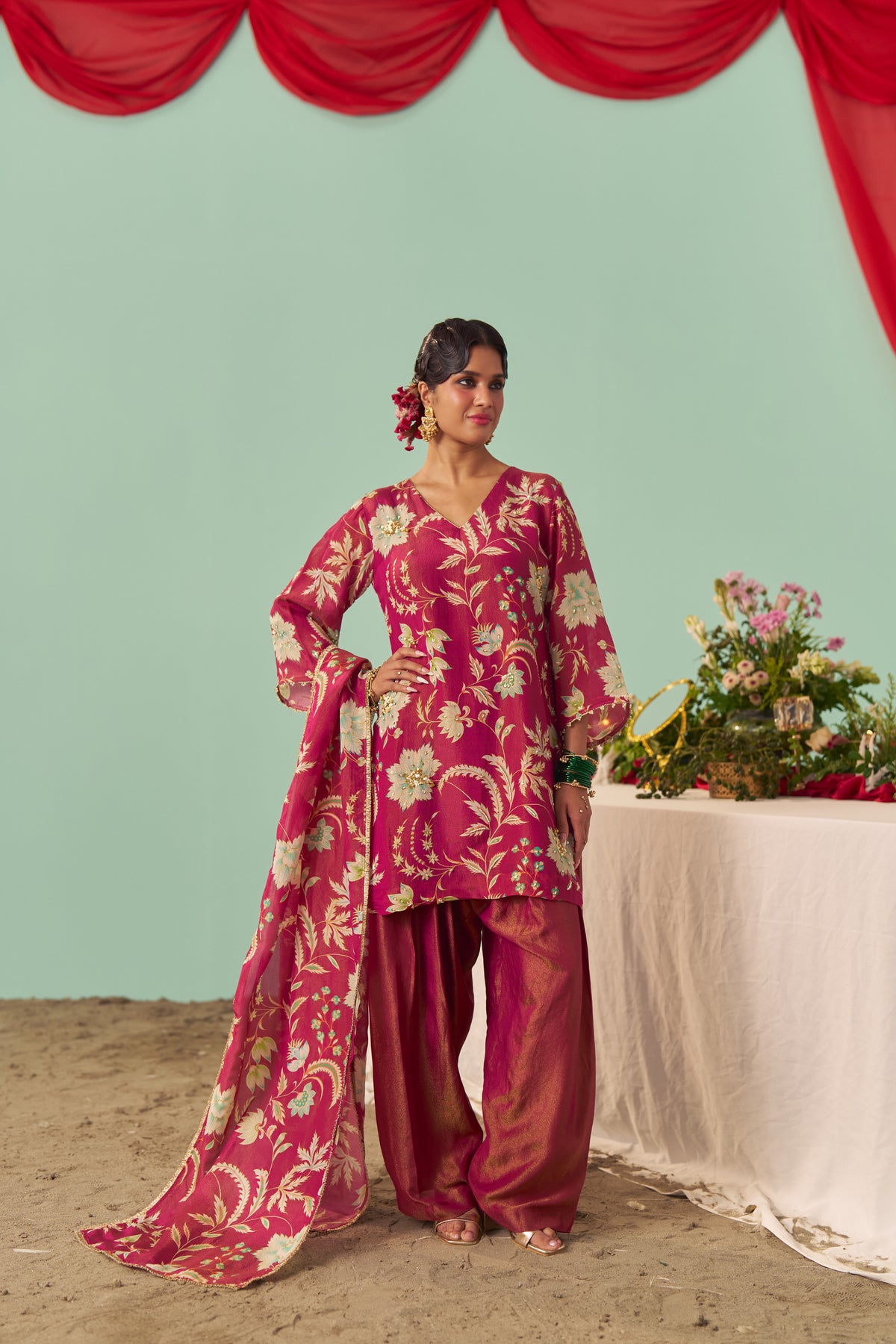 Burgundy Chintz Tissue Silk Short Kurta Set