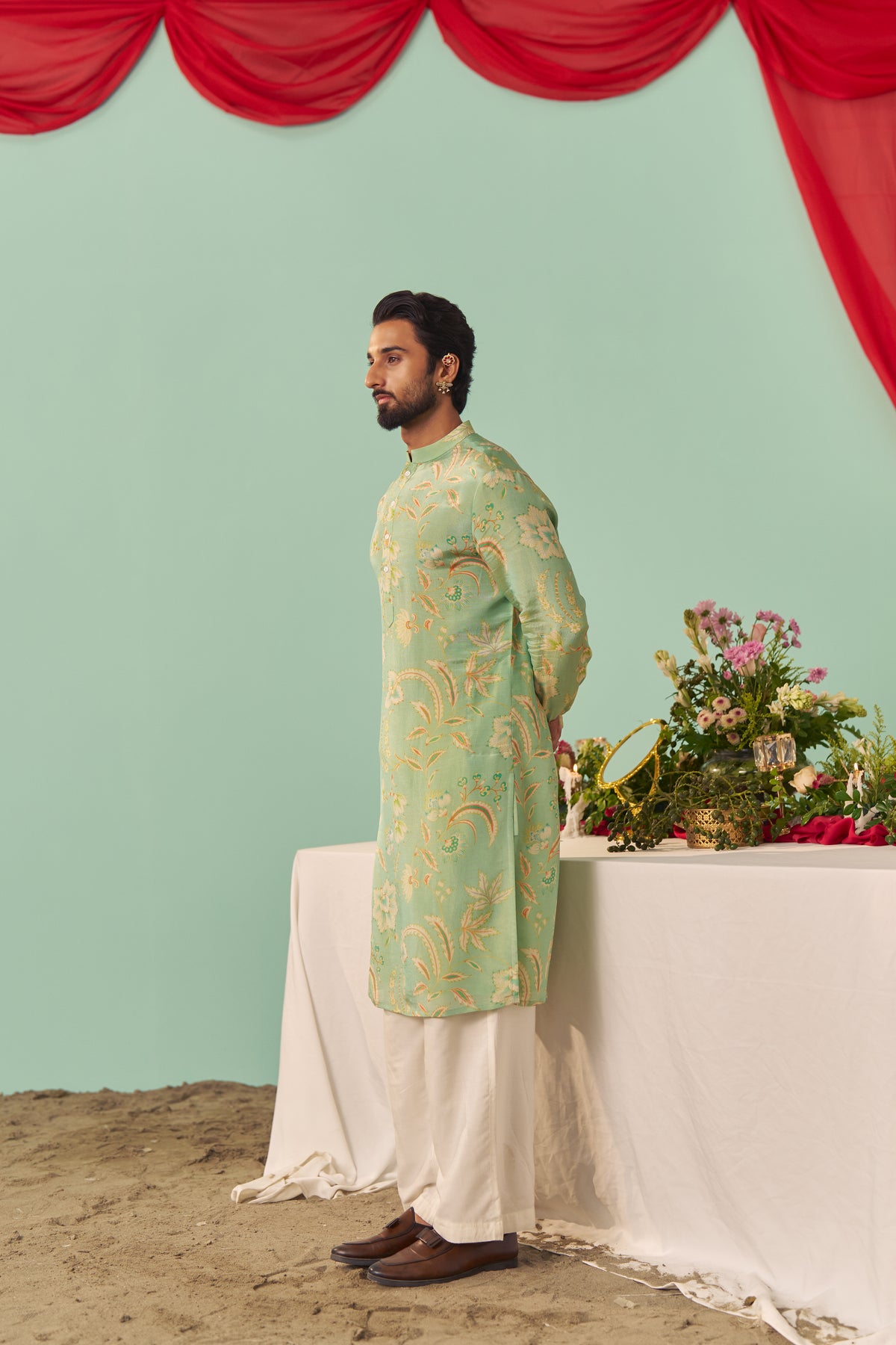 Mint Chintz Tissue Silk Printed Men Kurta Set