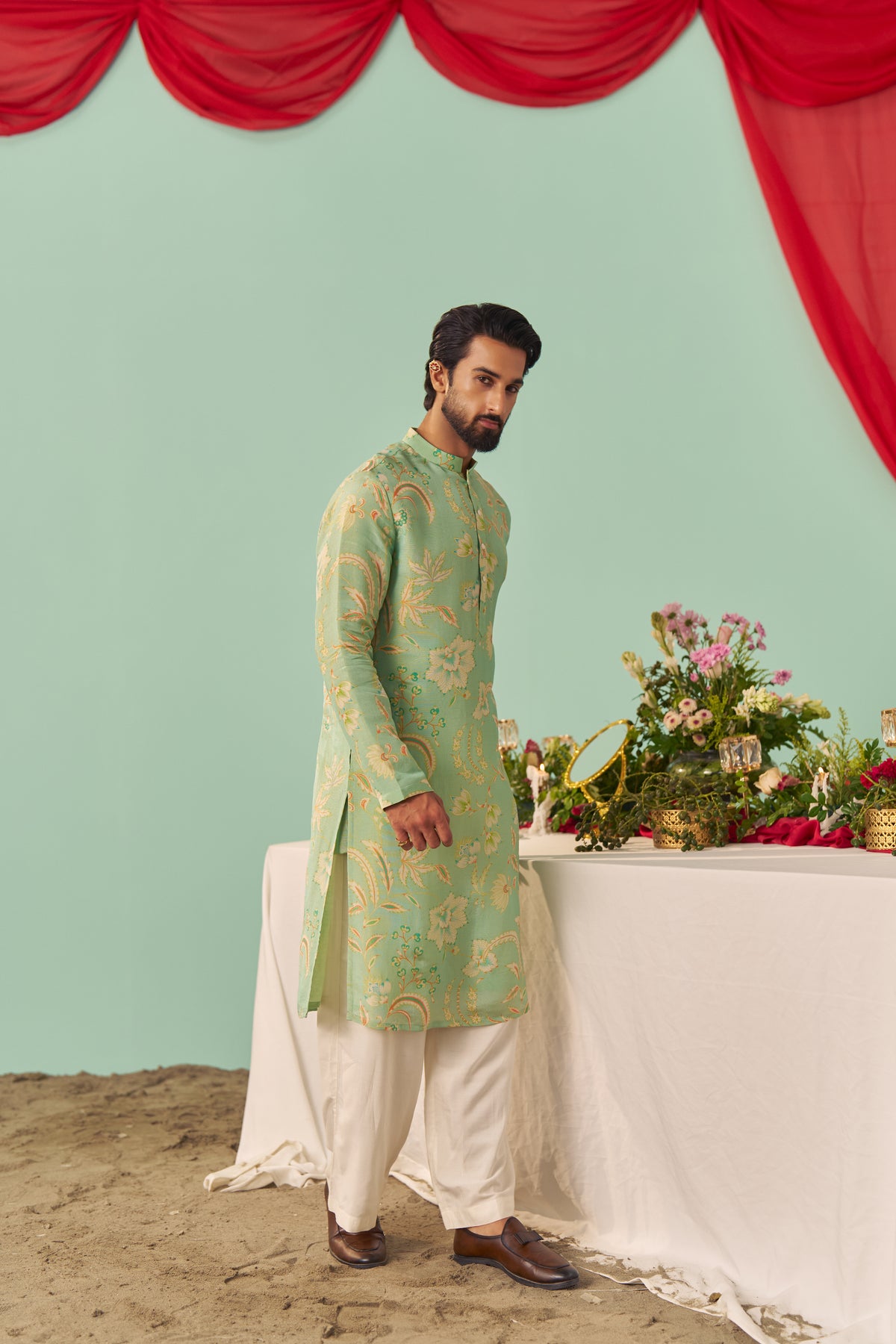 Mint Chintz Tissue Silk Printed Men Kurta Set