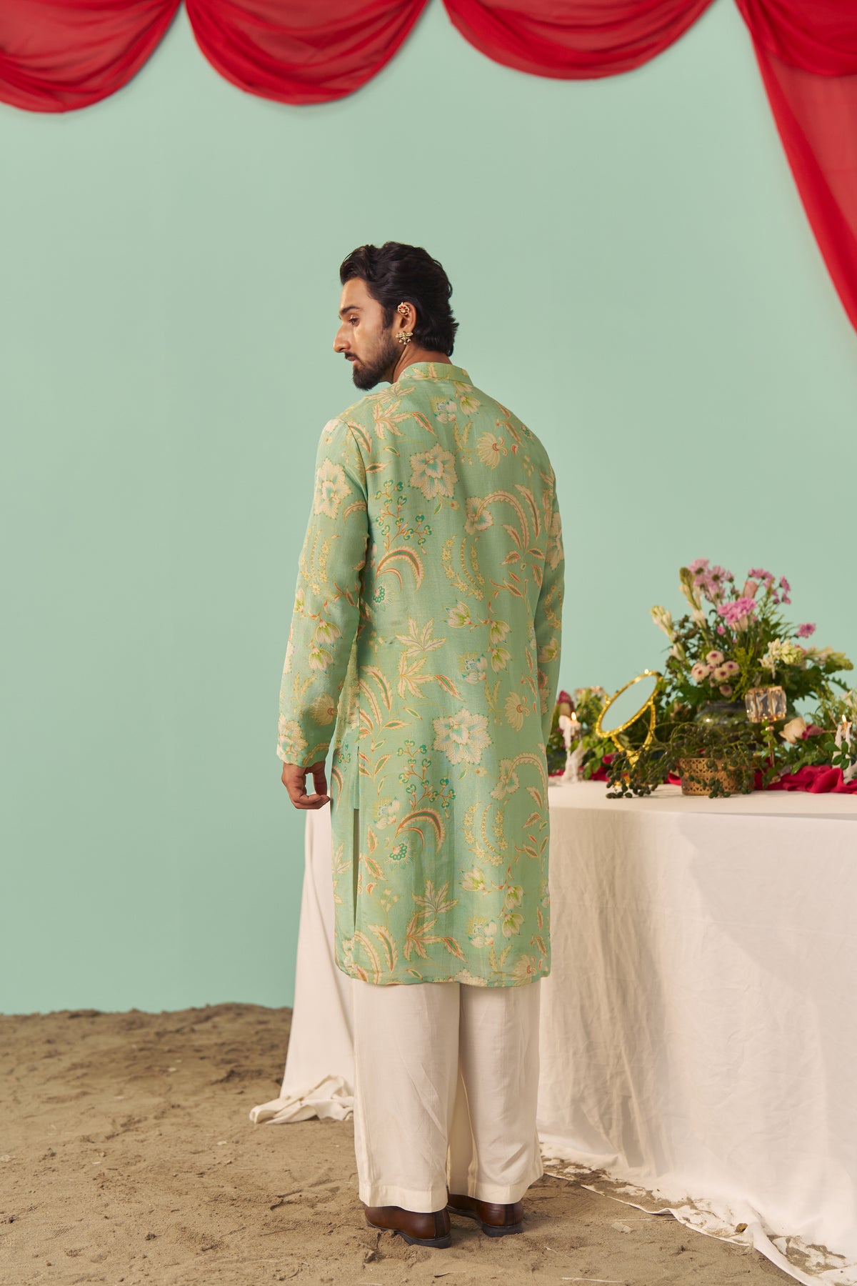 Mint Chintz Tissue Silk Printed Men Kurta Set