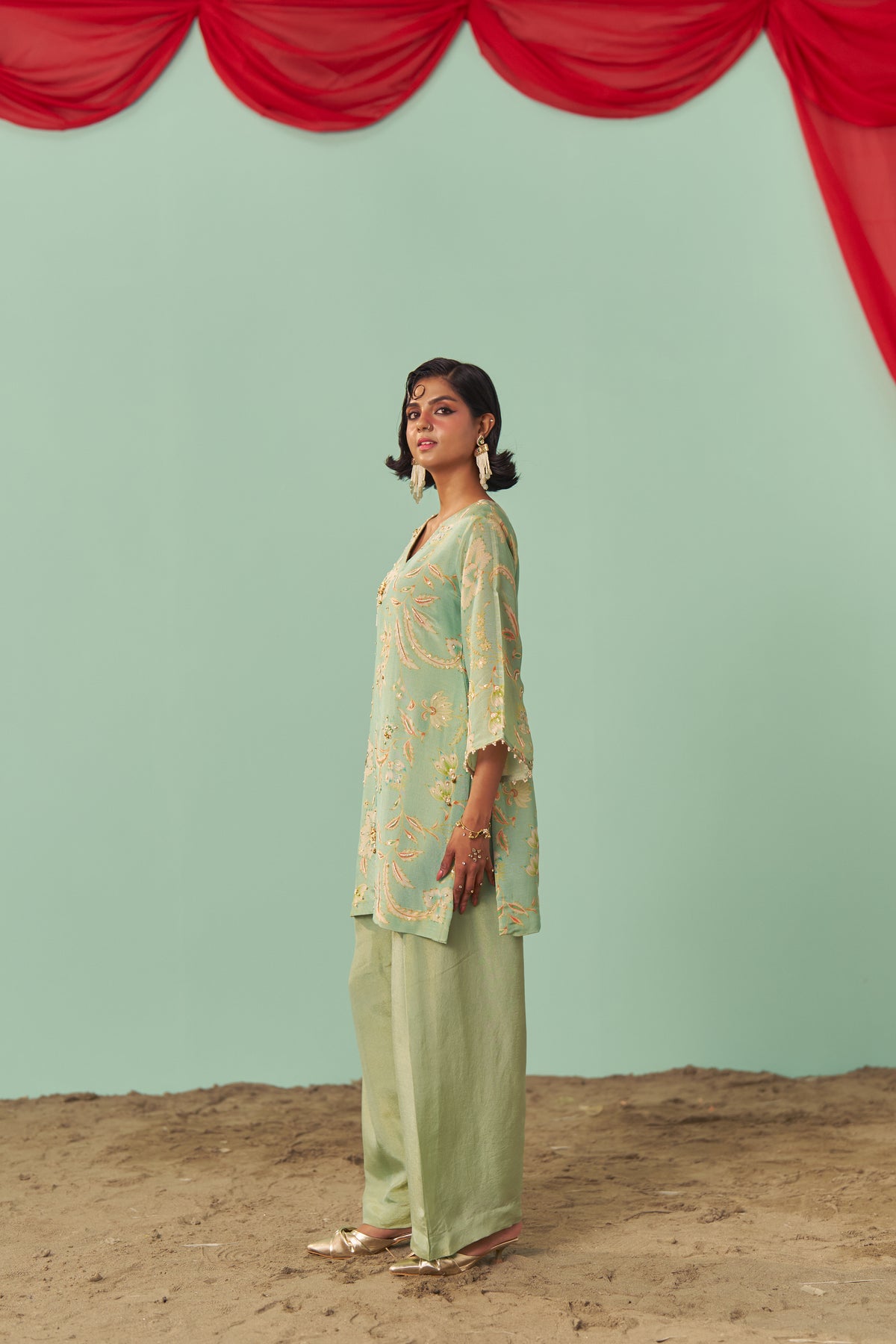 Mint Chintz Tissue Silk Short Kurta Set