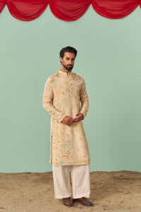 Ivory Chintz Tissue Silk Printed Men Kurta Set