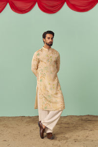 Ivory Chintz Tissue Silk Printed Men Kurta Set