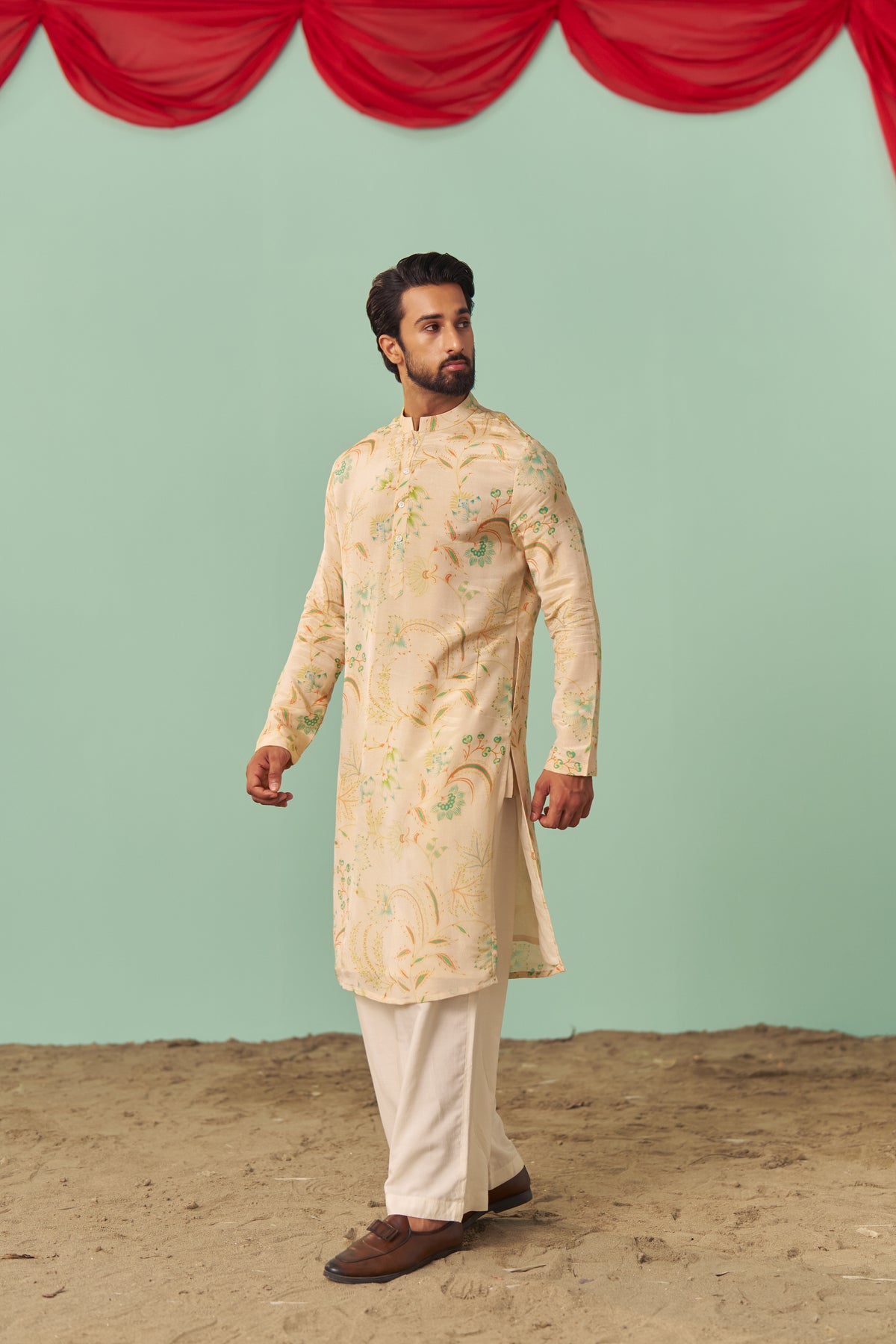 Ivory Chintz Tissue Silk Printed Men Kurta Set