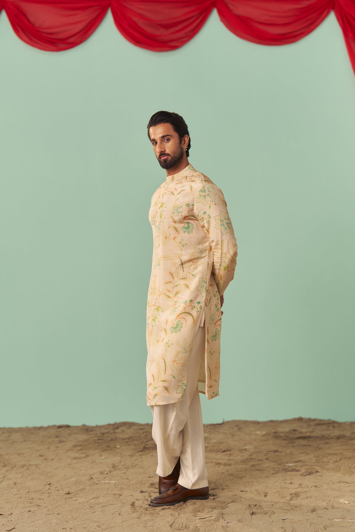 Ivory Chintz Tissue Silk Printed Men Kurta Set