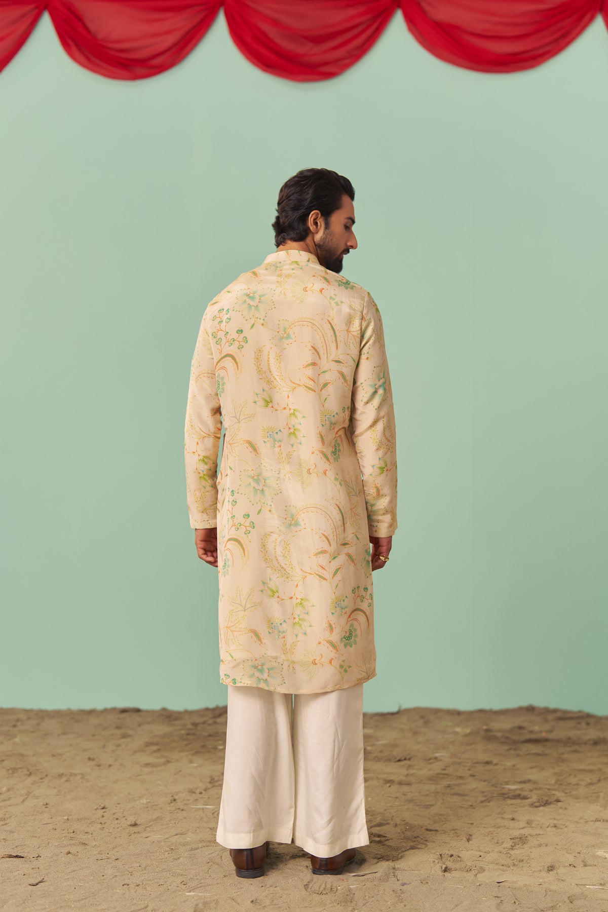 Ivory Chintz Tissue Silk Printed Men Kurta Set