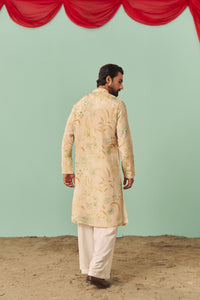 Ivory Chintz Tissue Silk Printed Men Kurta Set