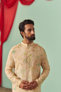 Ivory Chintz Tissue Silk Printed Men Kurta Set