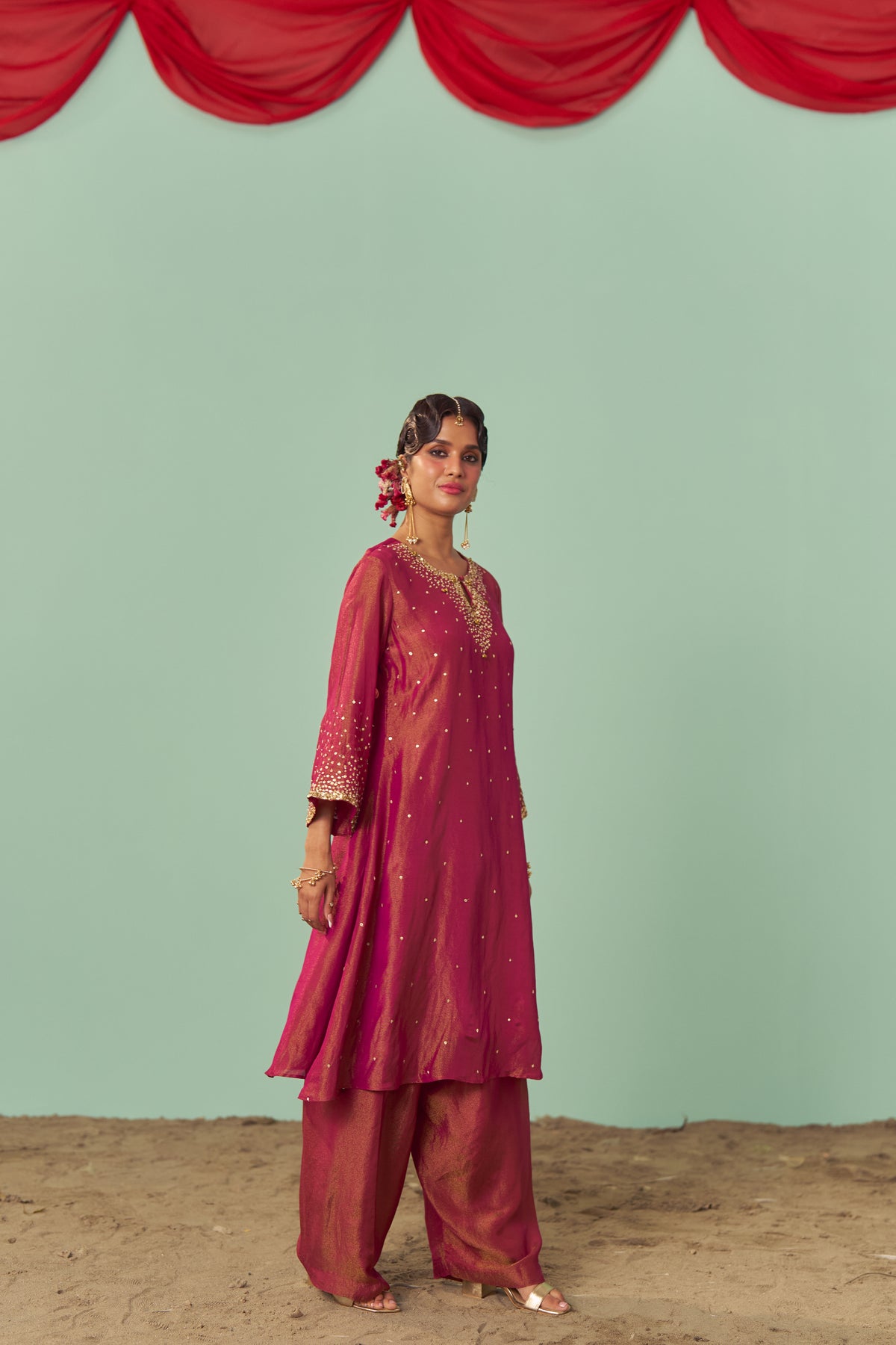 Burgundy A-Line Tissue Silk Kurta Set