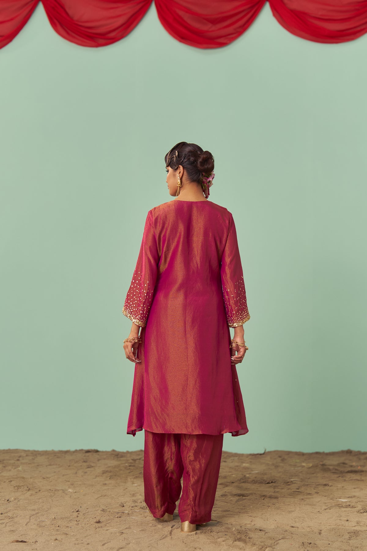 Burgundy A-Line Tissue Silk Kurta Set