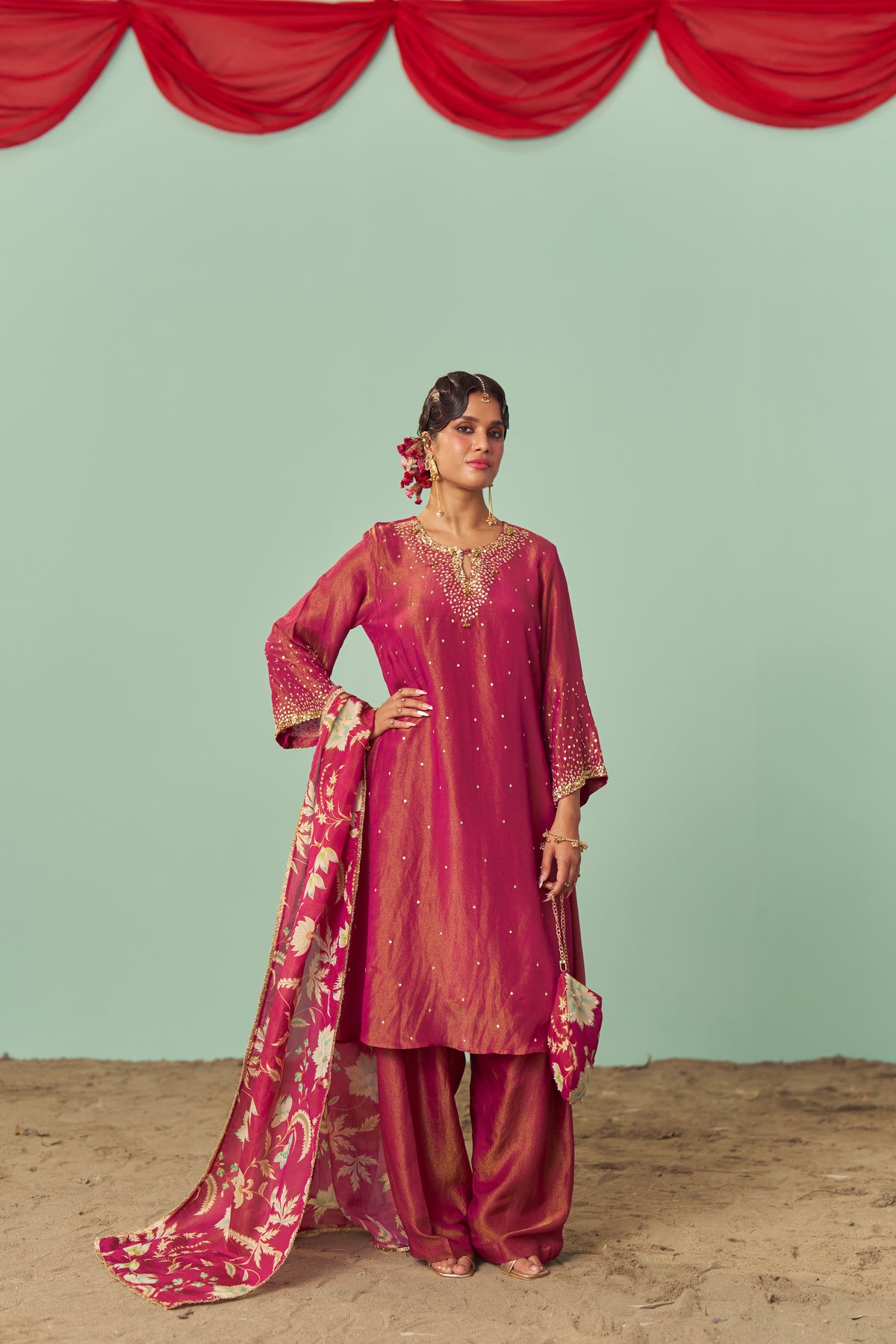 Burgundy A-Line Tissue Silk Kurta Set