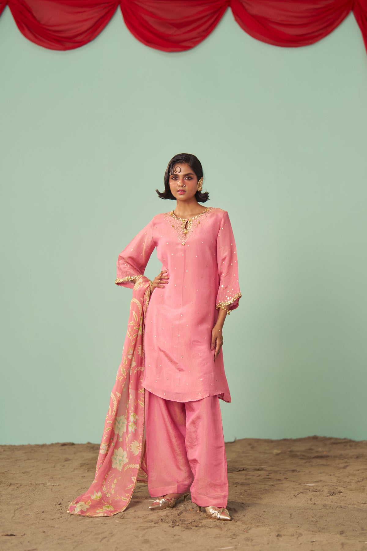 Blush Pink A-Line Tissue Silk Kurta Set