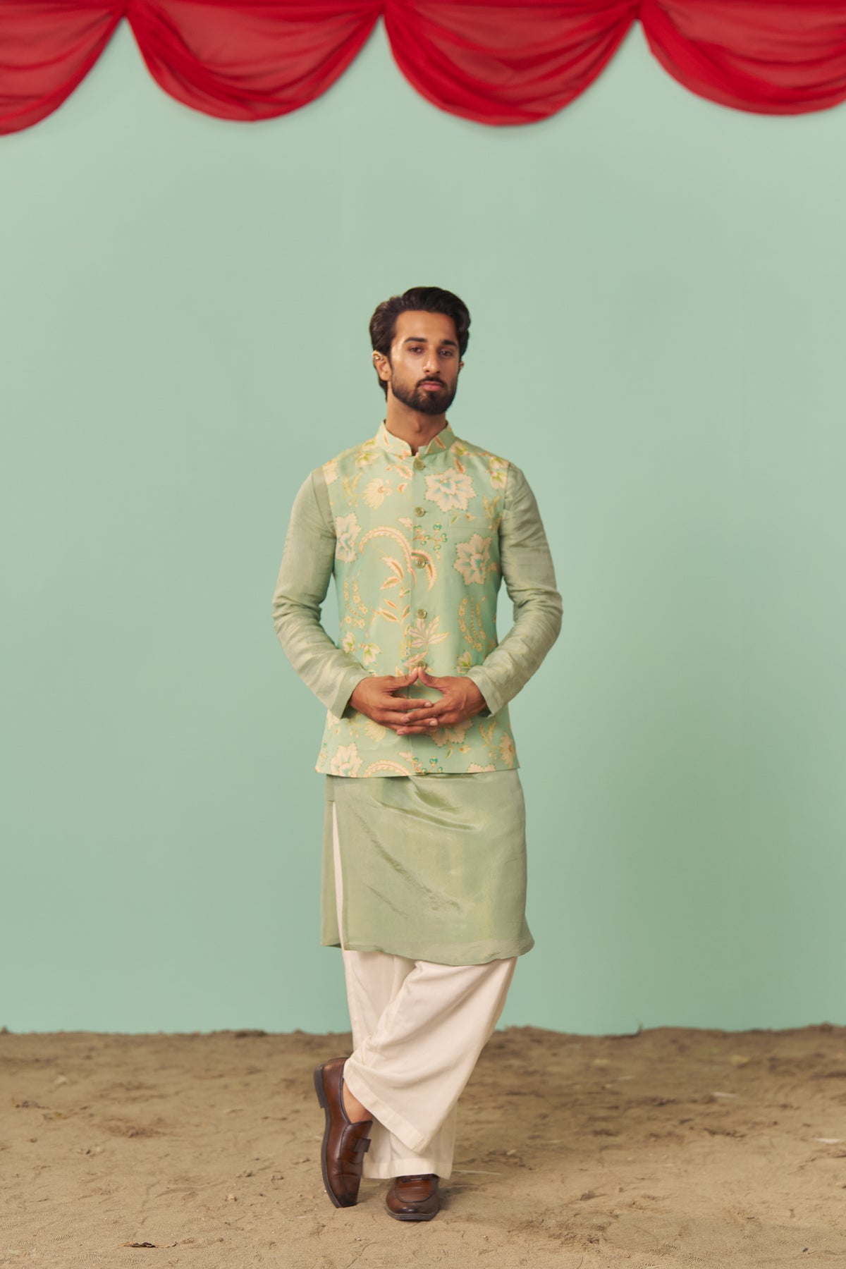 Mint Chintz Tissue Silk Printed Nehru Jacket Set