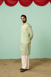 Mint Chintz Tissue Silk Printed Nehru Jacket Set