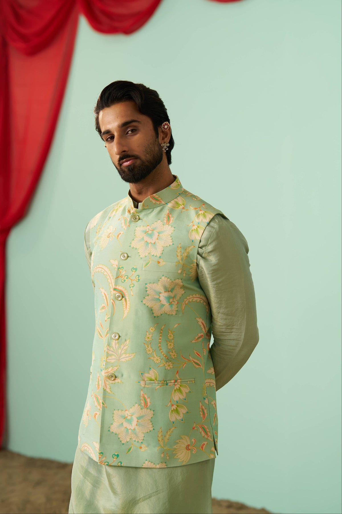 Mint Chintz Tissue Silk Printed Nehru Jacket Set