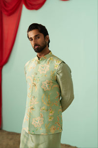 Mint Chintz Tissue Silk Printed Nehru Jacket Set
