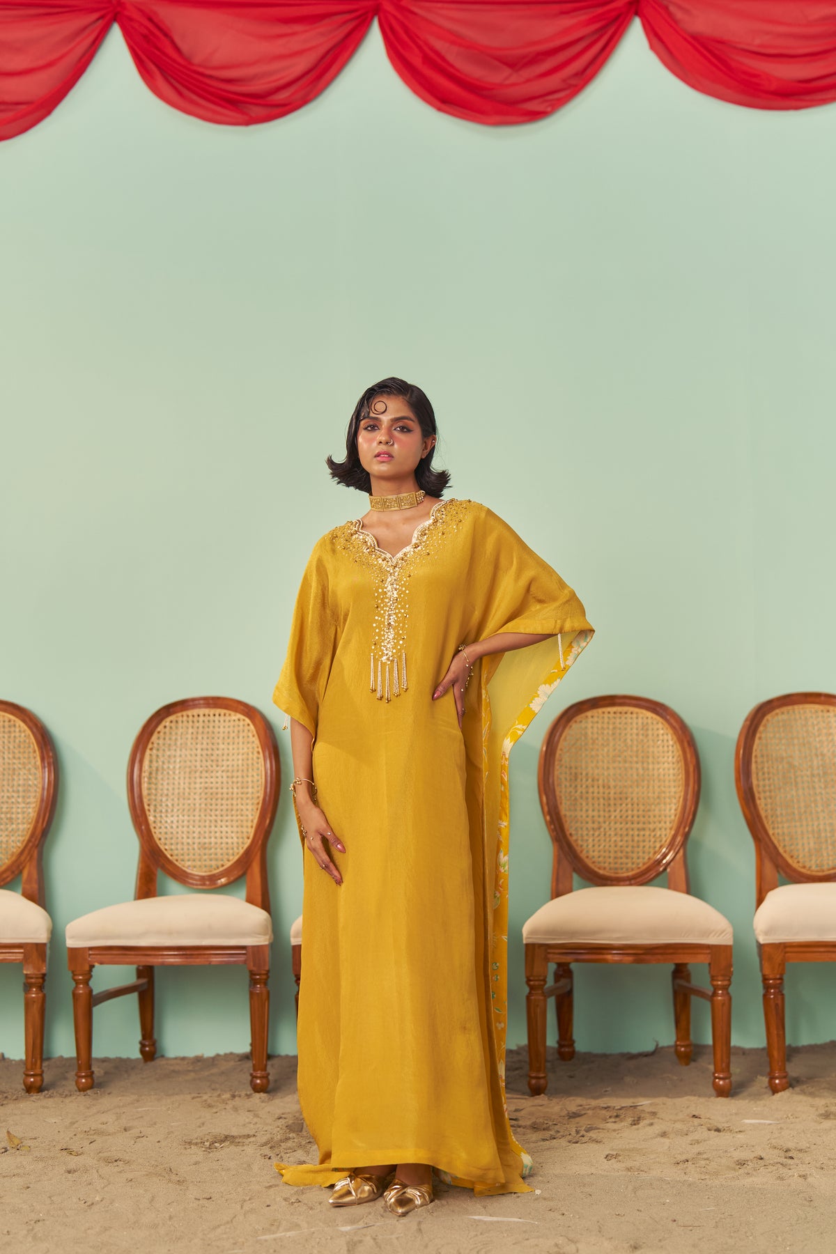Mustard Scalloped Tissue Silk Kaftan