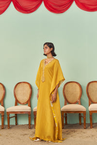 Mustard Scalloped Tissue Silk Kaftan