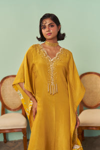 Mustard Scalloped Tissue Silk Kaftan