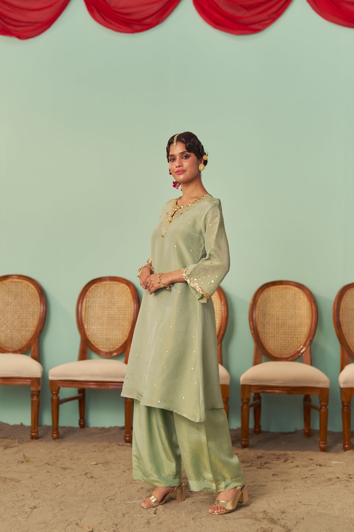 Mint A-Line Tissue Silk Kurta Set