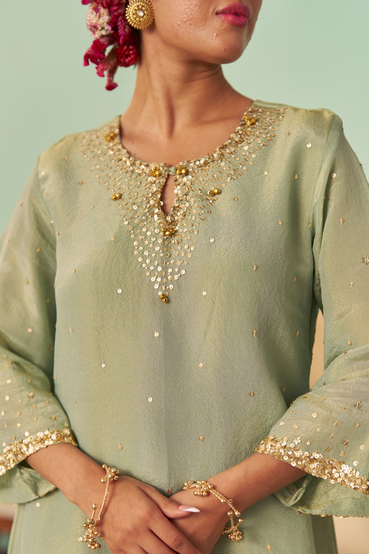 Mint A-Line Tissue Silk Kurta Set