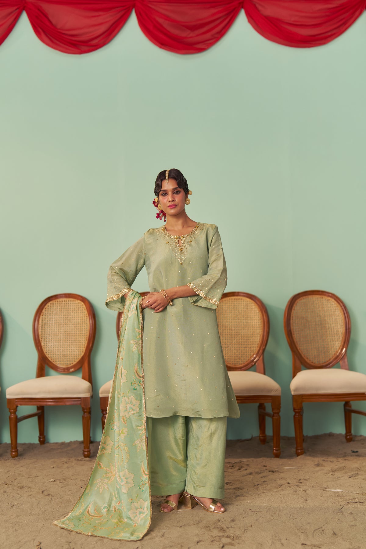 Mint A-Line Tissue Silk Kurta Set