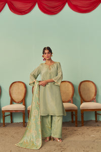 Mint A-Line Tissue Silk Kurta Set