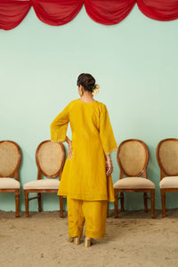 Mustard A-Line Tissue Silk Kurta Set
