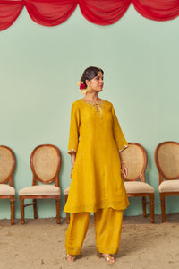 Mustard A-Line Tissue Silk Kurta Set