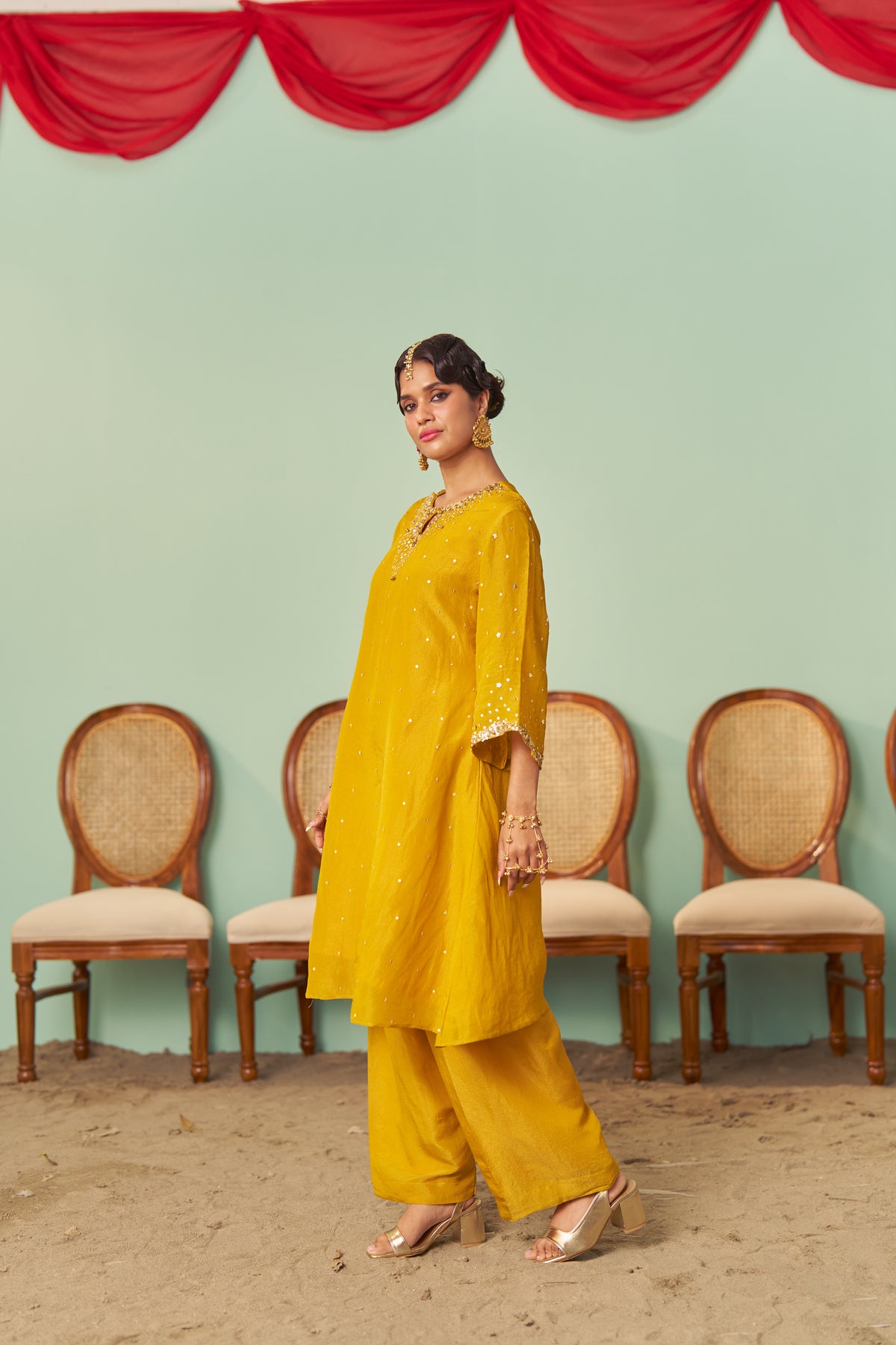 Mustard A-Line Tissue Silk Kurta Set