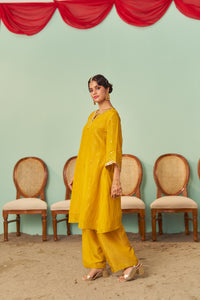 Mustard A-Line Tissue Silk Kurta Set