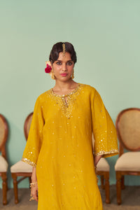 Mustard A-Line Tissue Silk Kurta Set
