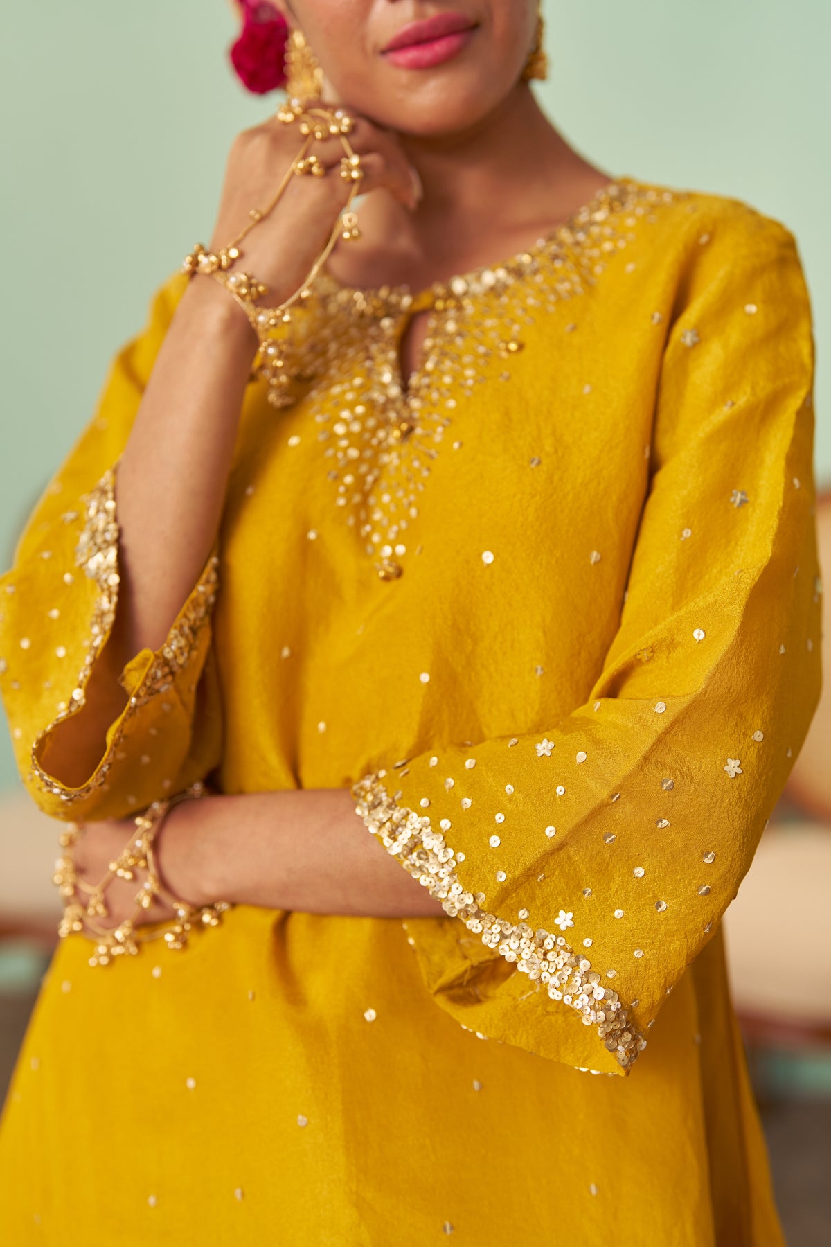 Mustard A-Line Tissue Silk Kurta Set