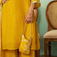 Mustard Chintz Tissue Silk Off-Shoulder Set