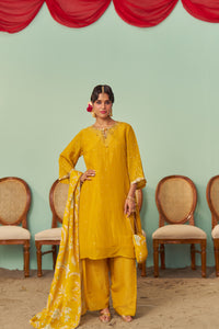 Mustard A-Line Tissue Silk Kurta Set