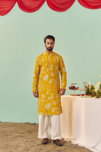 Mustard Chintz Tissue Silk Printed Men Kurta Set